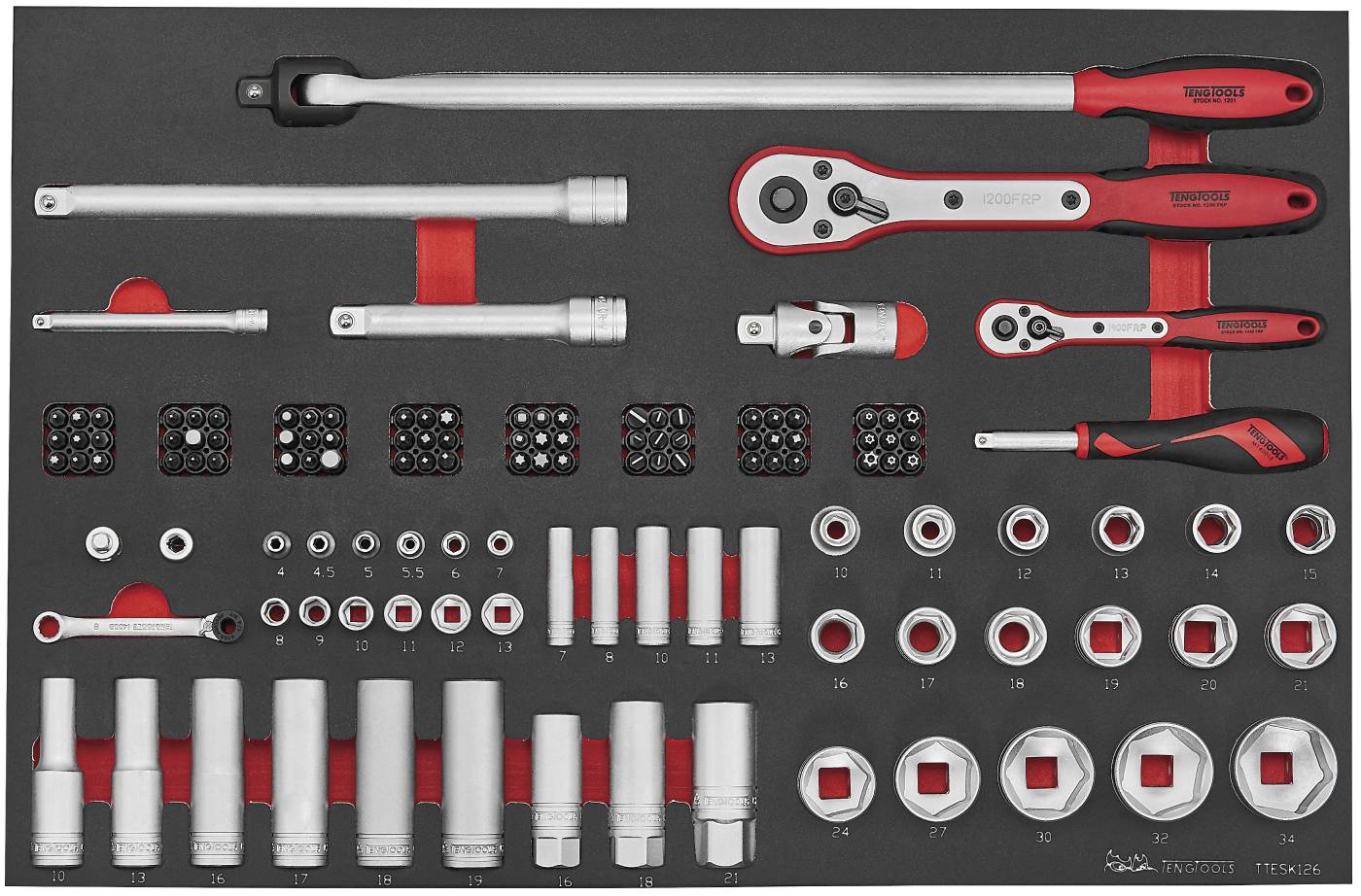 126 delars Hylsnyckelsats med 1/4" och 1/2" fyrkantsfäste Teng Tools TTESK126