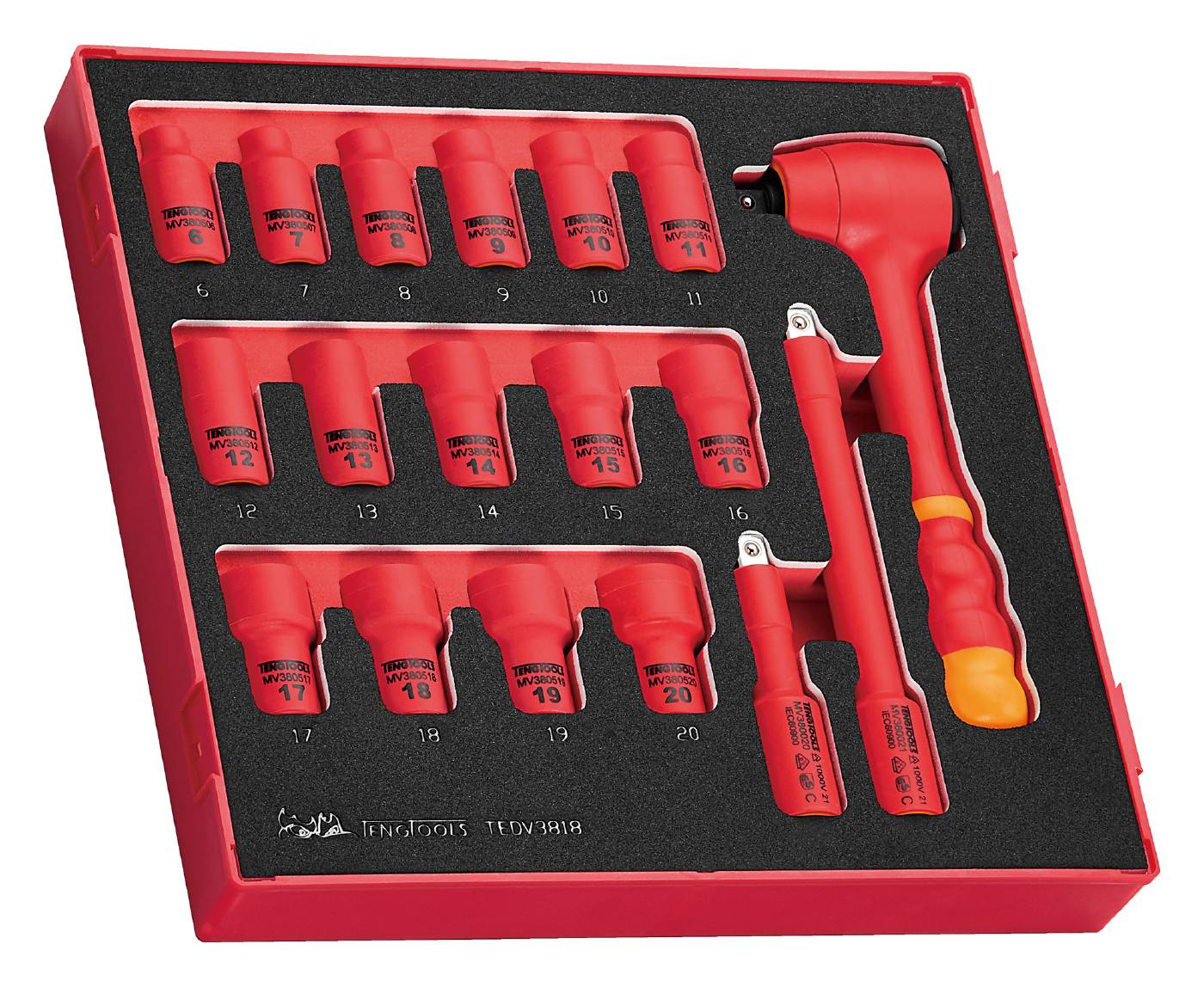 18 delars Hylsnyckelsats med 3/8'' fyrkantsfäste. Teng Tools TEDV3818 1000 V