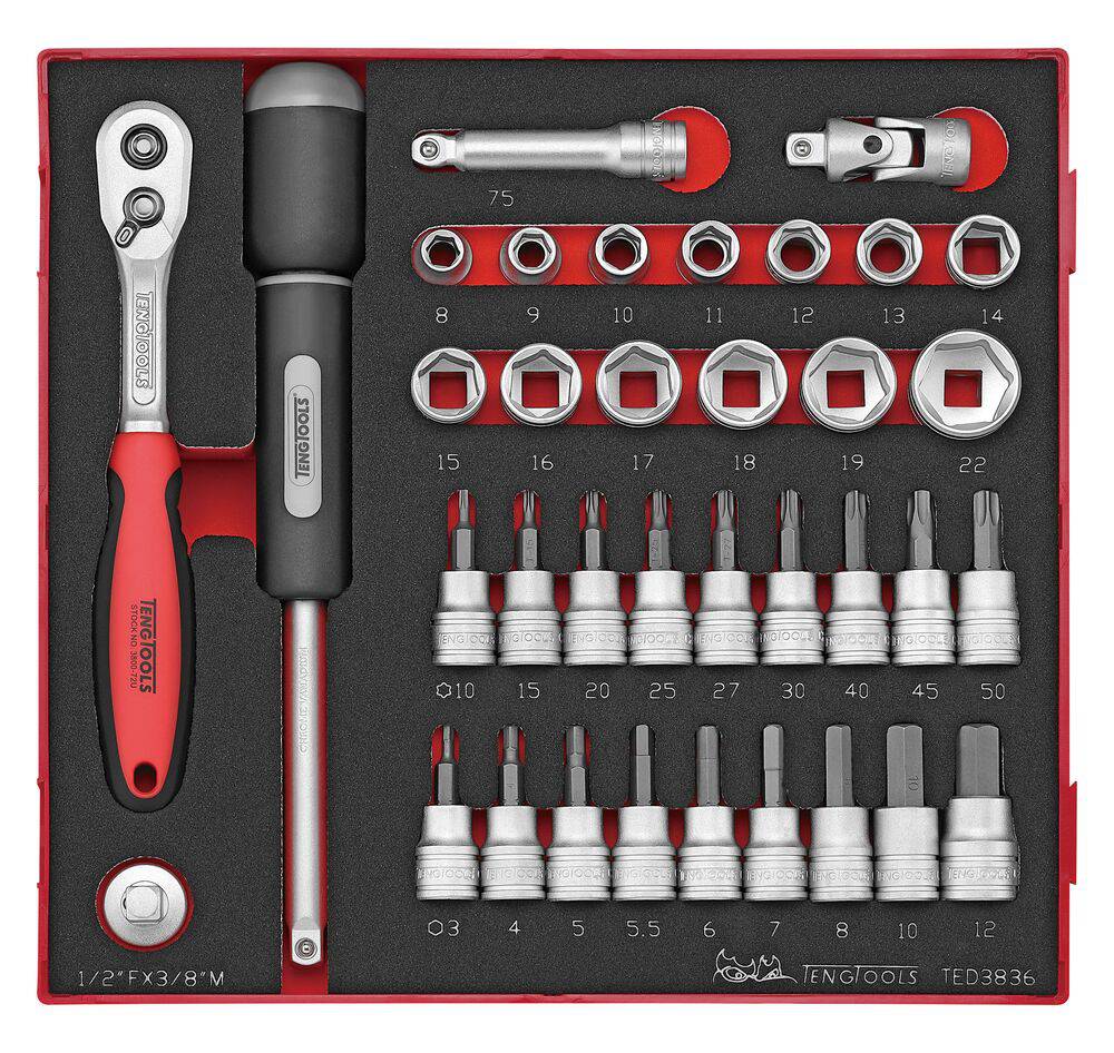 36 delars Hylsnyckelsats med 3/8'' fyrkantsfäste. Teng Tools TED3836