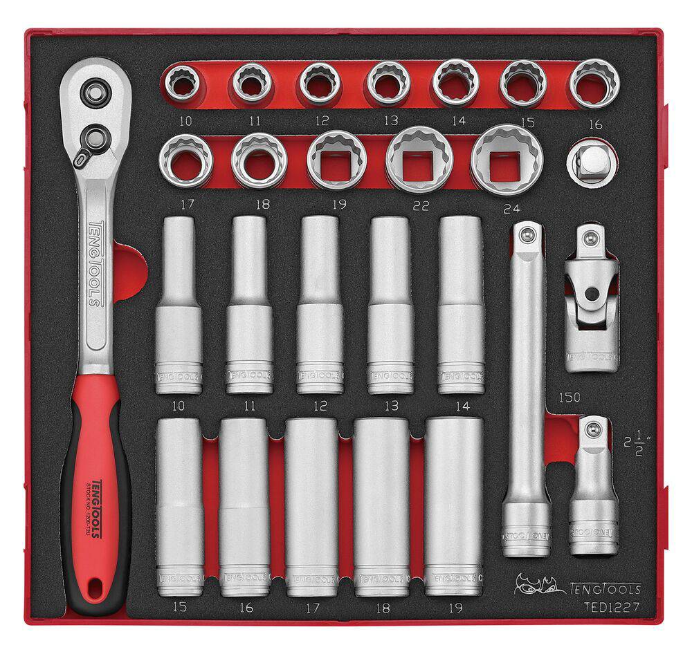 27 delars Hylsnyckelsats med 1/2'' fyrkantsfäste. Teng Tools TED1227