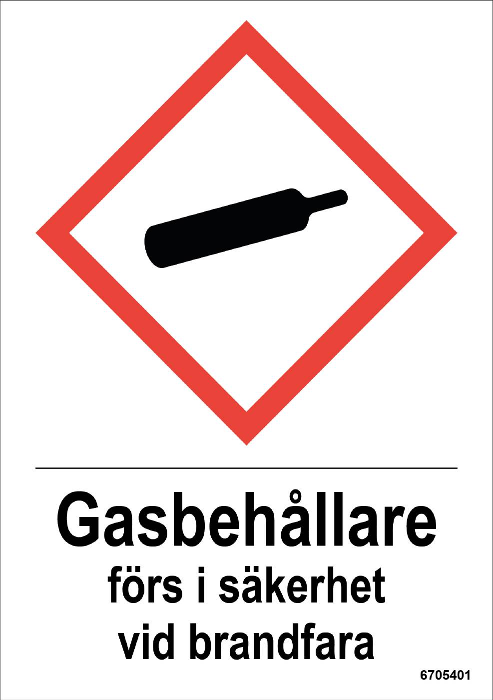 Skylt Unigraphics Kemiska risker Gasbehållare förs i säkerhet vid brandfara
