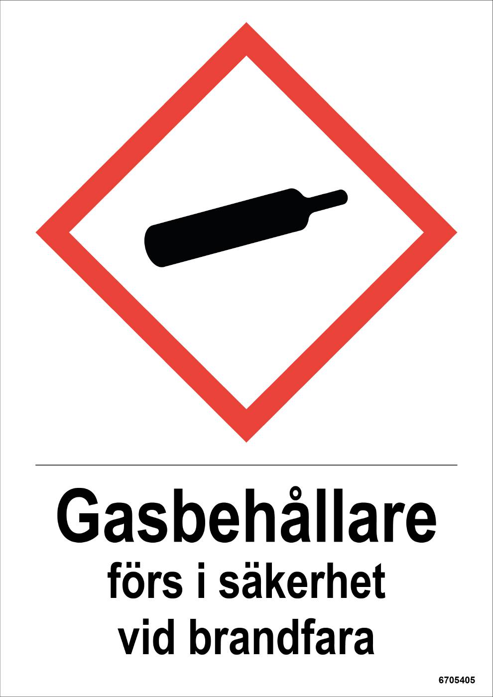 Skylt Unigraphics Kemiska risker Gasbehållare förs i säkerhet vid brandfara