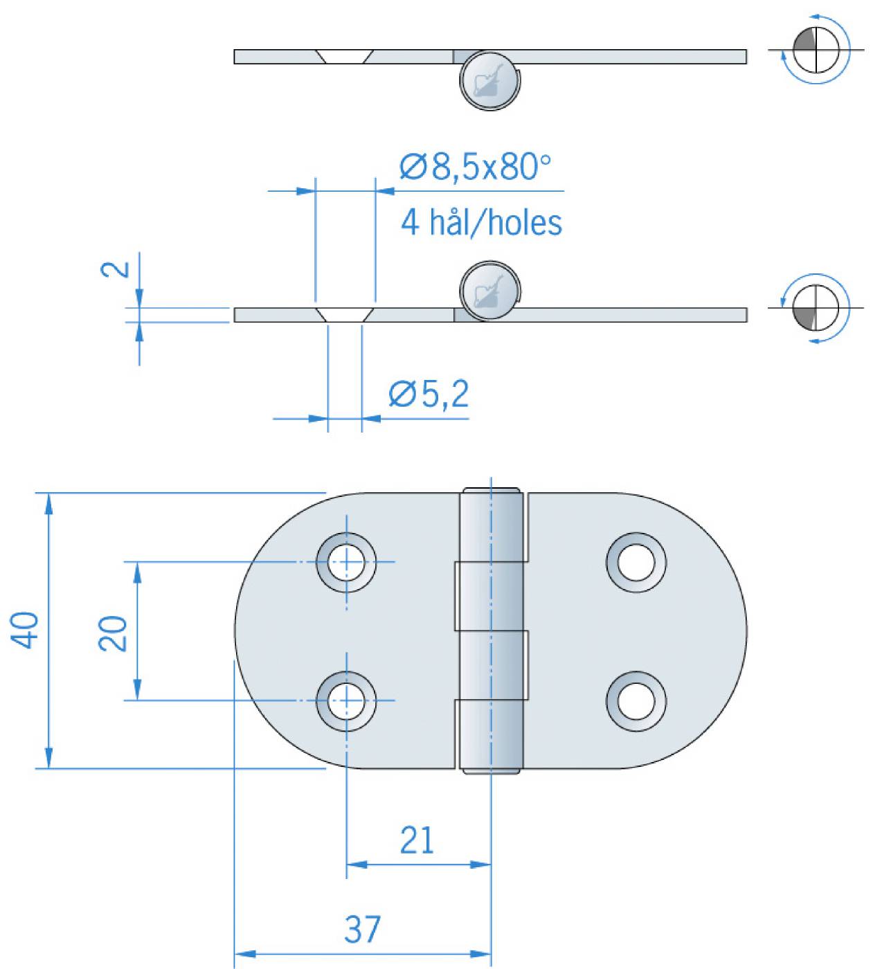 Gångjärn rostfritt RF 40×74 mm MILLERS – bild 2