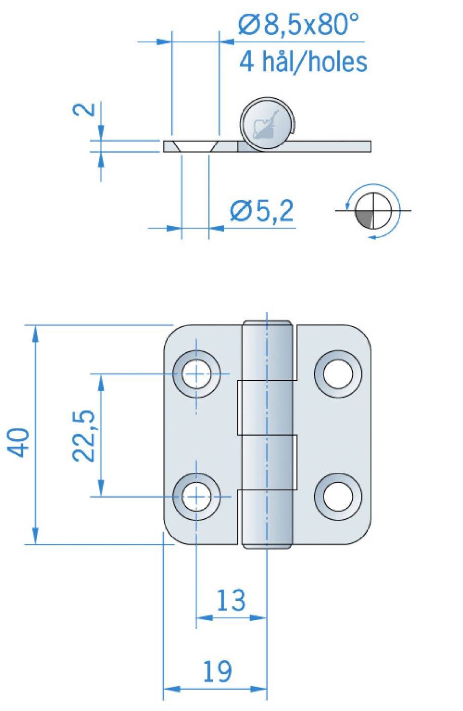 Gångjärn rostfritt RF 40×38 mm MILLERS – bild 2