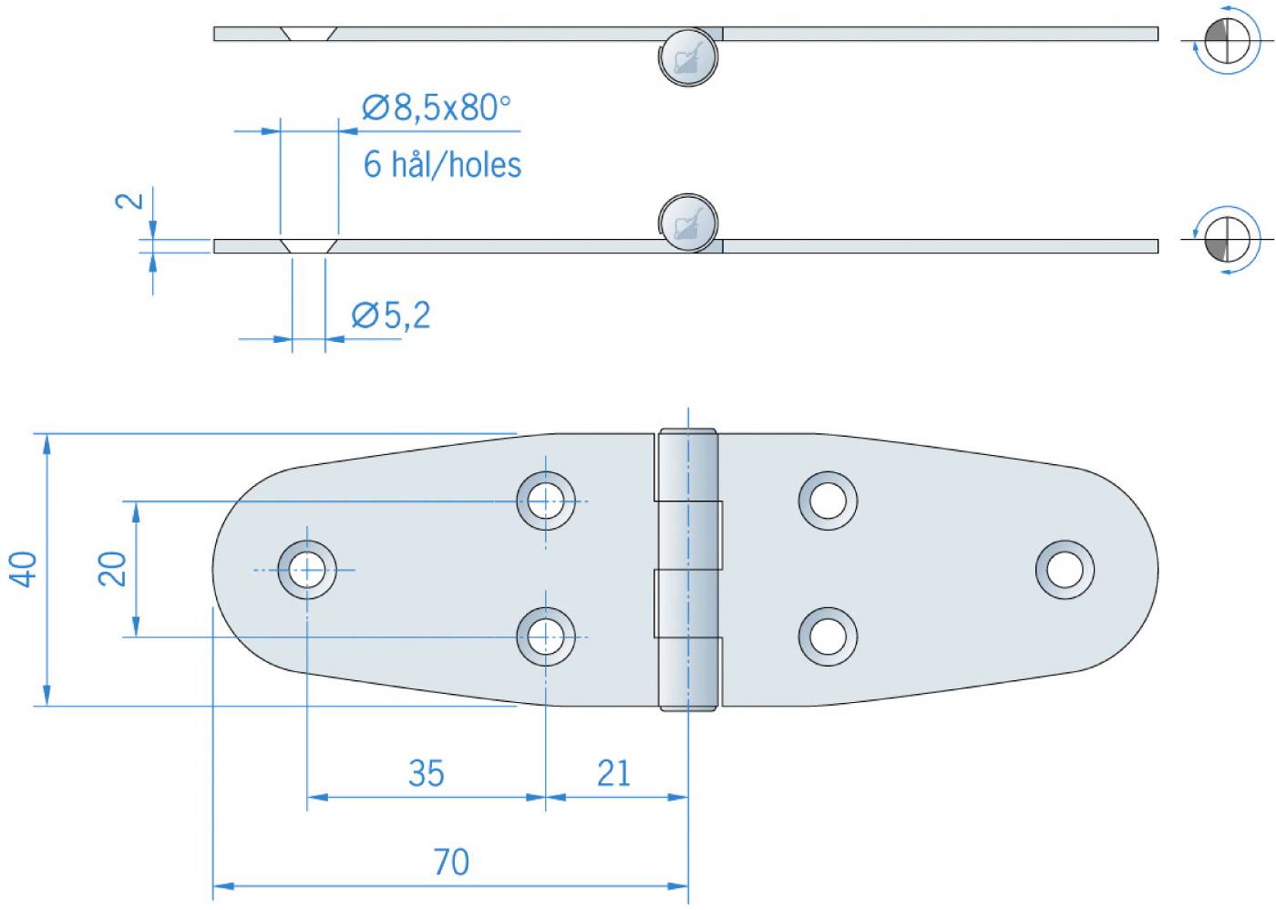 Gångjärn rostfritt RF 40×140 mm MILLERS – bild 2