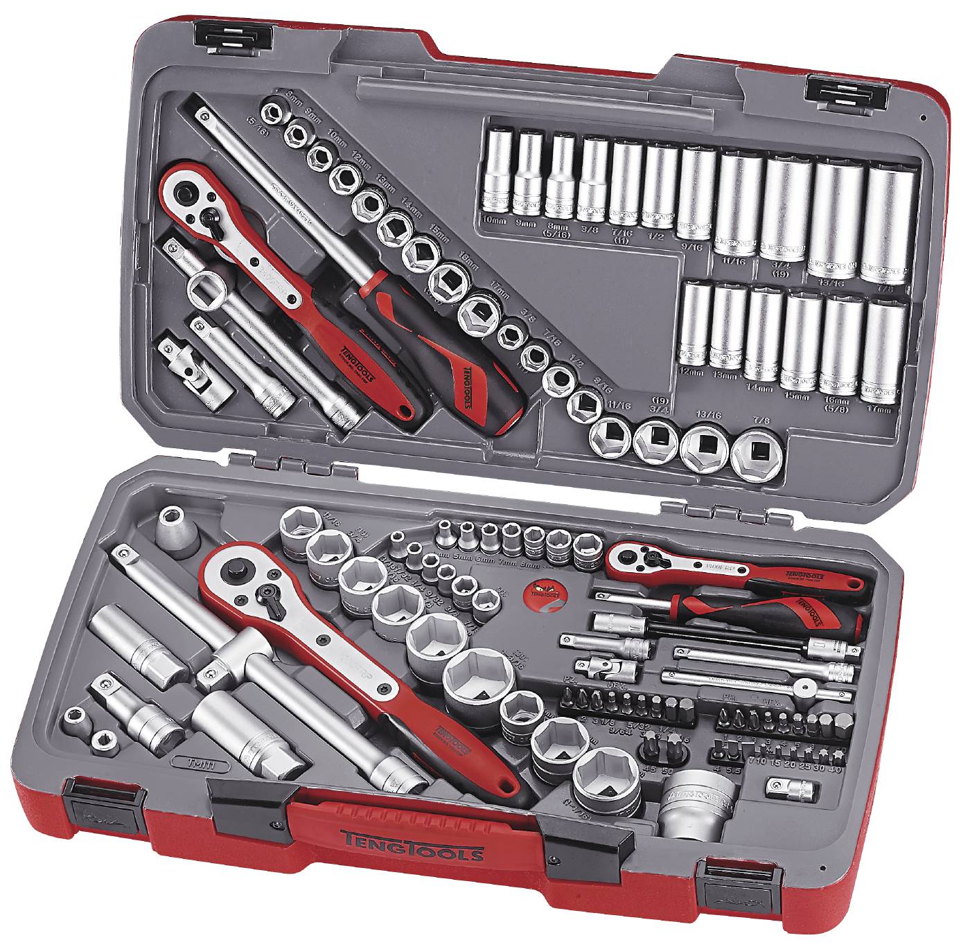 Hylsnyckelsats. Med 1/4'', 3/8'' och 1/2'' fyrkantsfäste. Teng Tools TM111