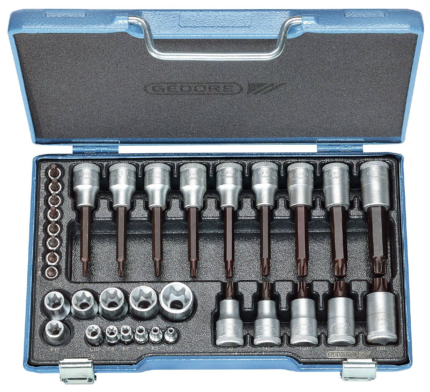 Torx-hylssats. Med 1/4" och 1/2" fyrkantsfäste. Gedore 19 TX 20