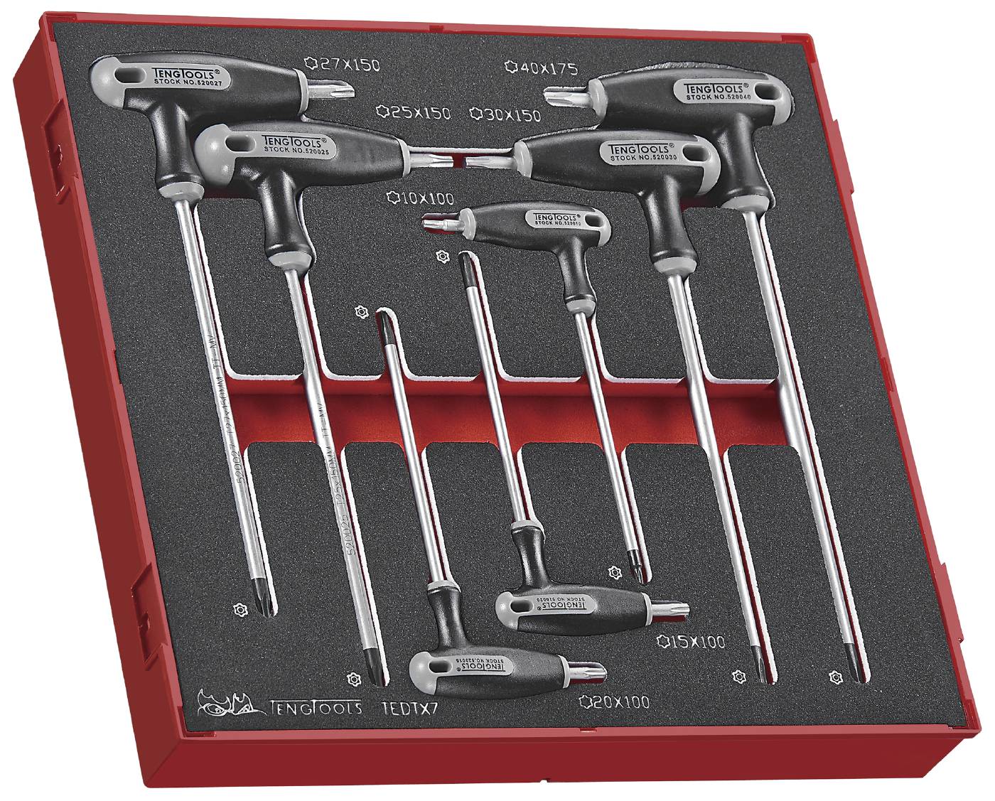 7 delars TX/TPX nyckelsats med T-handtag. Teng Tools TEDTX7