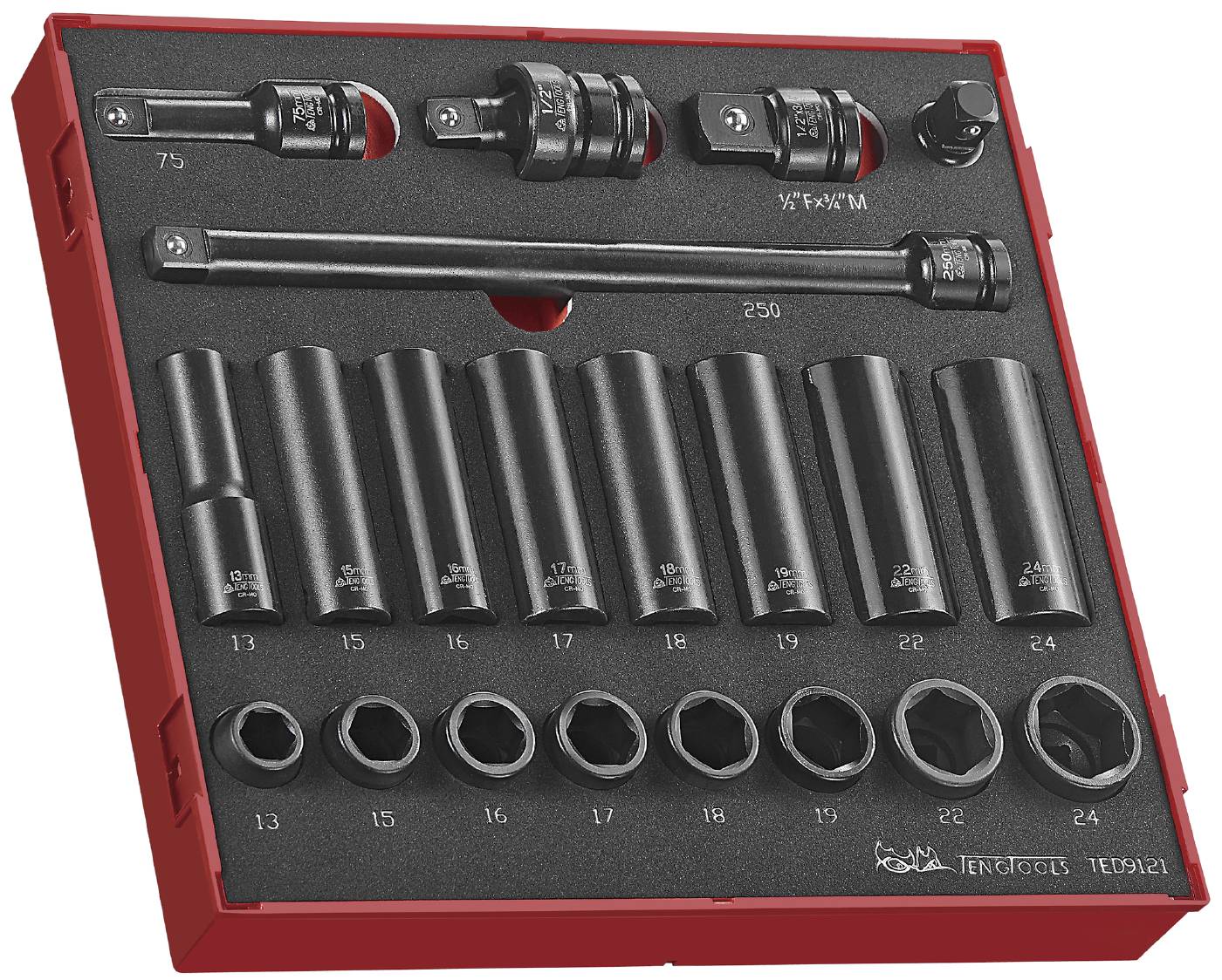 21 delars Krafthylssats med 1/2'' fyrkantsfäste. Teng Tools TED 9121