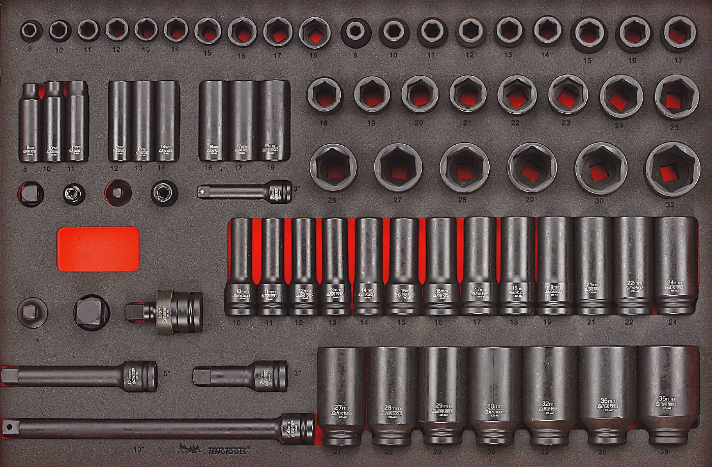 73 delars Krafthylssats med 3/8'' och 1/2''fyrkantsfäste Teng Tools TTEISK73