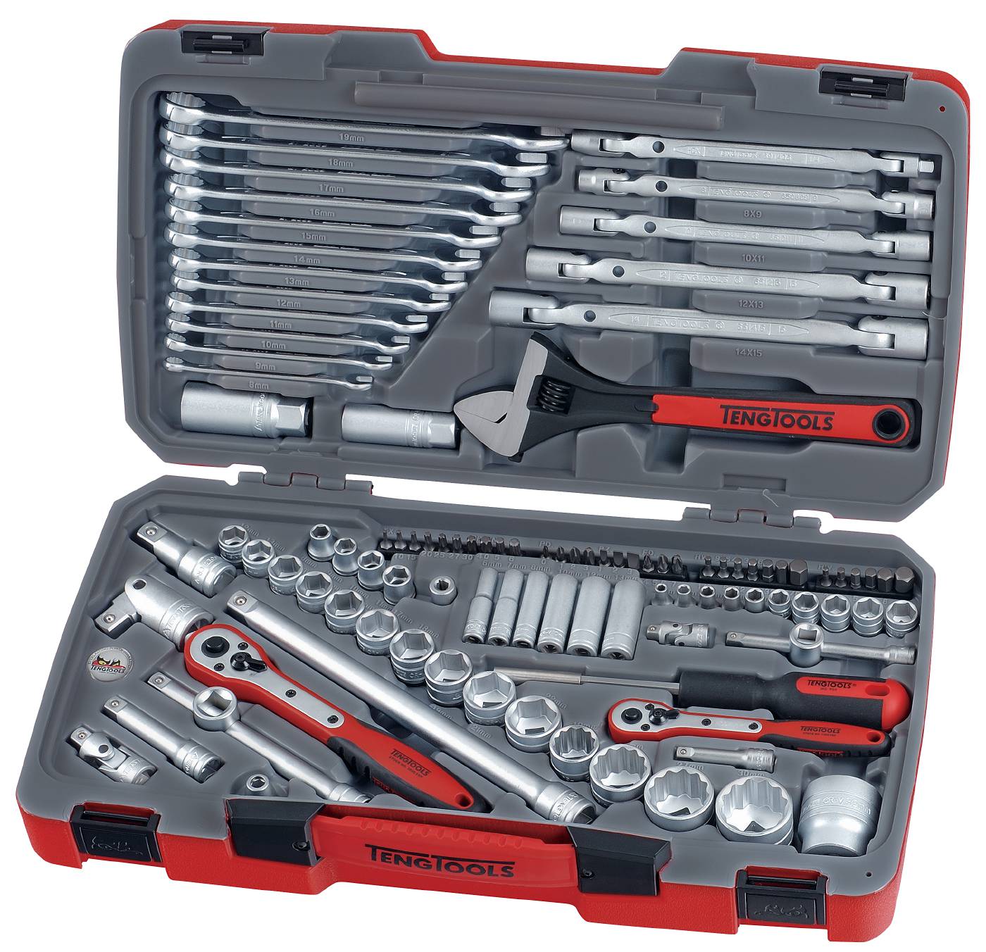 Hylsnyckelsats. Med 1/4'', 3/8'' och 1/2'' fyrkantsfäste. Teng Tools TM106