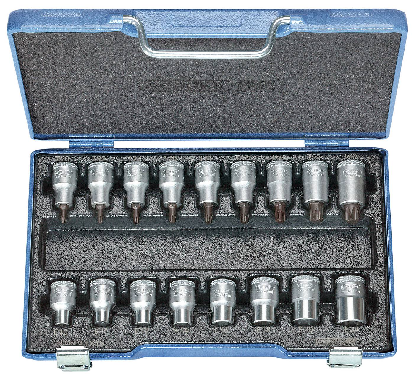 Torx-hylsor i sats. Med 1/2" fyrkantsfäste. Gedore ITX 19-017
