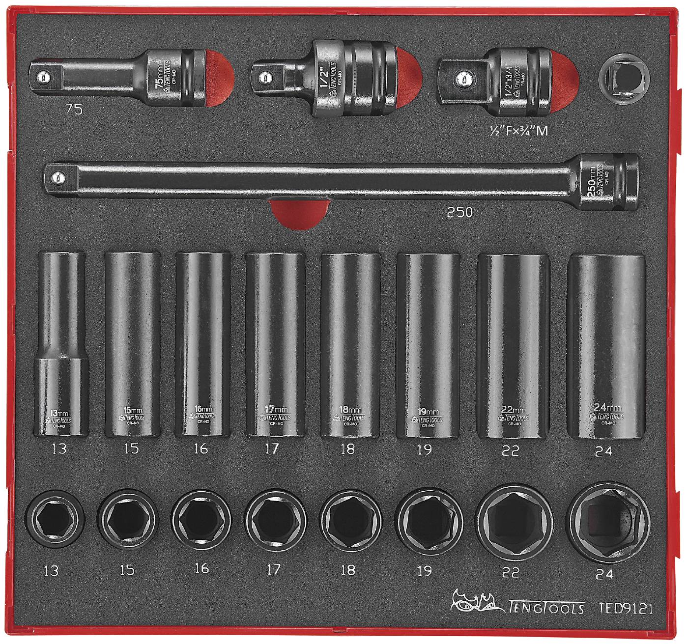 21 delars Krafthylssats med 1/2'' fyrkantsfäste. Teng Tools TED 9121 – bild 2