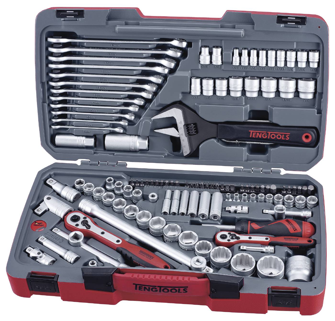 Hylsnyckelsats. Med 1/4'', 3/8'' och 1/2'' fyrkantsfäste. Teng Tools TM127