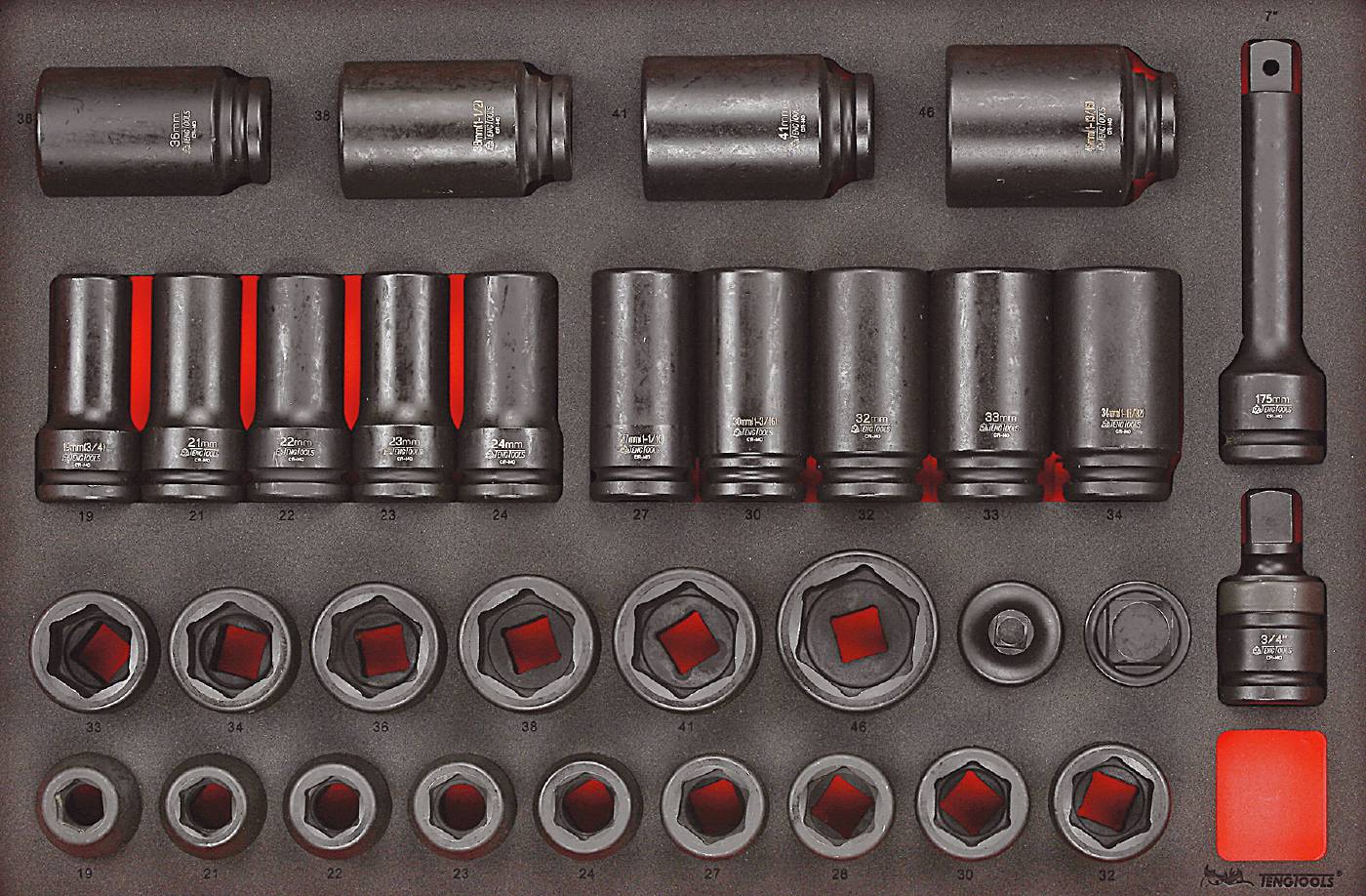33 delars Krafthylssats med 3/4'' fyrkantsfäste Teng Tools TTEISK33